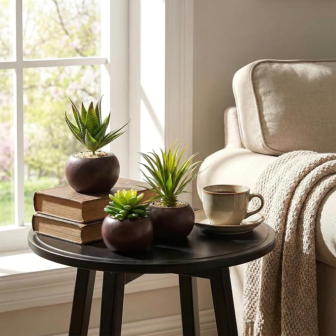 MyGift Succulents Plants Artificial, Fake Faux Indoor House Plants in Round - Image 2