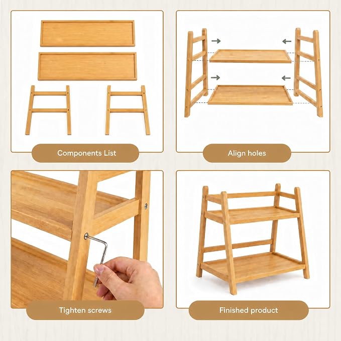 2-Tier Bamboo Matcha Station Organizer, Trapezoidal Shelf - Image 7