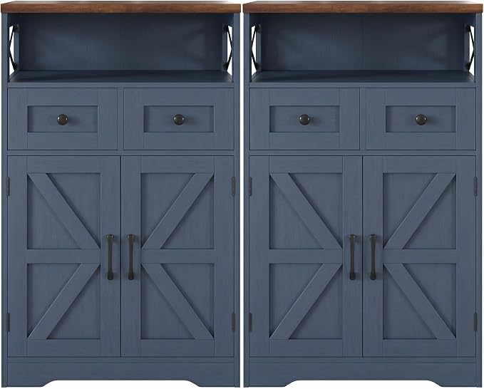 Blue Farmhouse Storage Cabinet Set of 2, Small Kitchen Pantry Storage Cabinet by Befrases