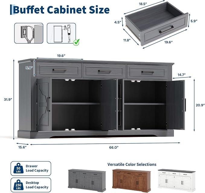 Garvee 66" Modern Farmhouse Sideboard Buffet Cabinet - Image 2