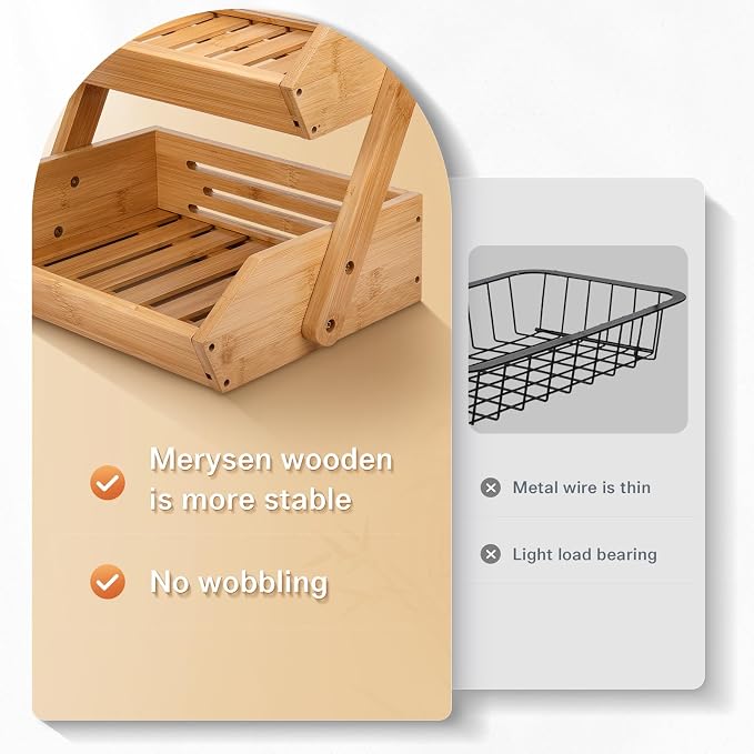 Merysen 2 Tier Fruit Basket For Kitchen, Bamboo Vegetable Storage Bowl Stand - Image 2