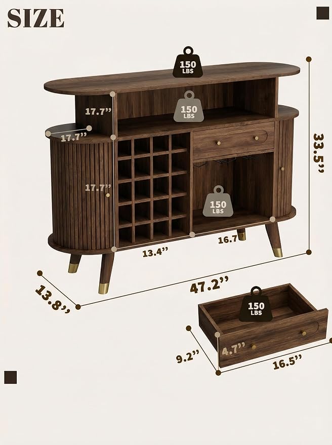 Loomie Wine Bar Cabinet with LED Light, Mid Century Modern Liquor Cabinet– - Image 2