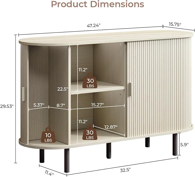 Buffet Cabinet with Storage, Fluted Sideboard Buffet with Sliding Door - Image 2