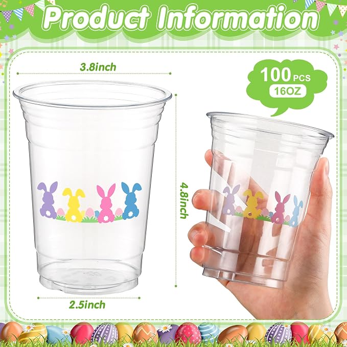 100 Pack Bunny Plastic Cups 16 oz Clear Pastel Rabbit Disposable Cups - Image 2