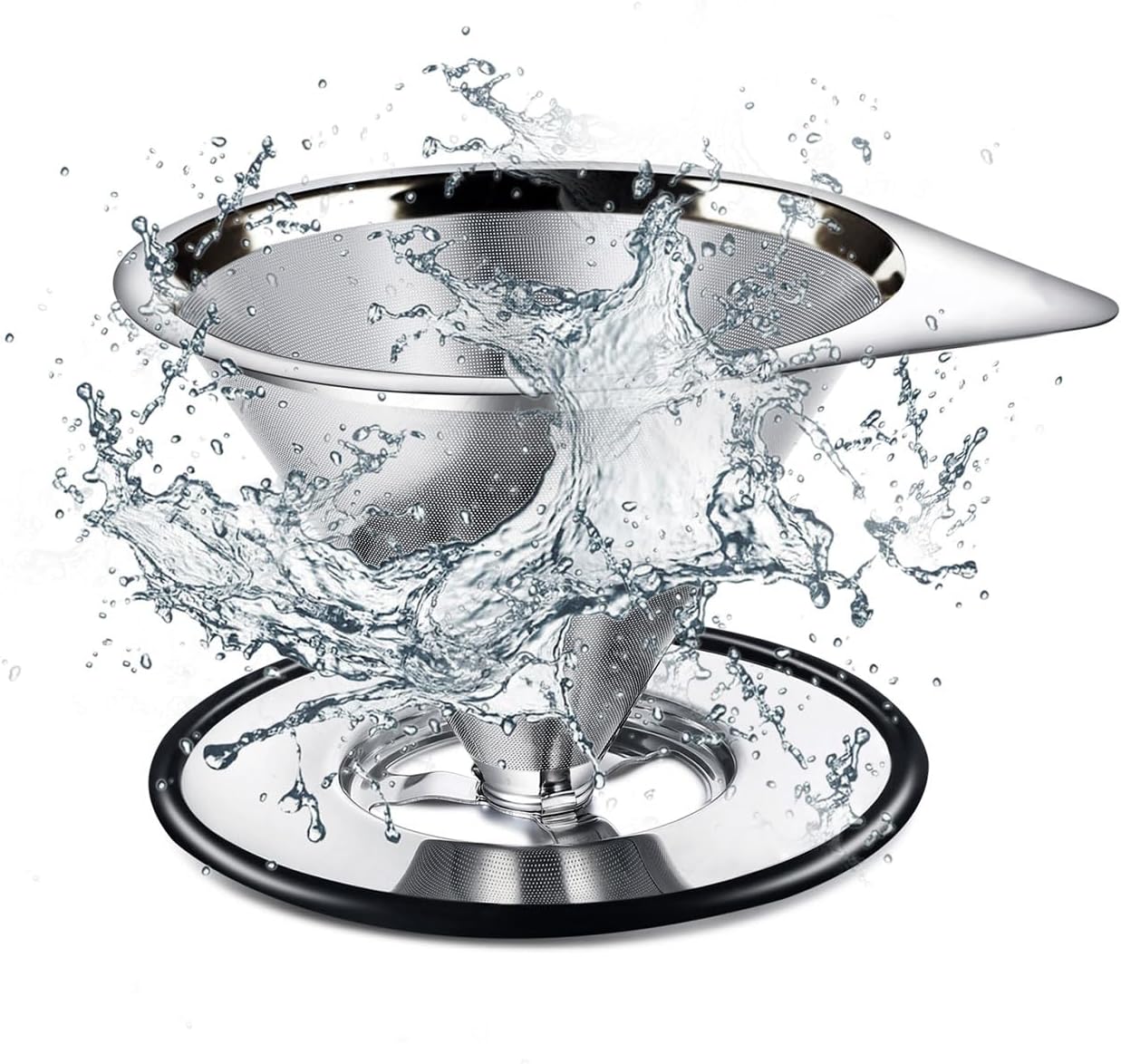 LHS Pour Over Coffee Dripper Stainless Steel Coffee Filter Metal Cone Filter Paperless Reusable Coffee Filter Single Cup Coffee Maker 1-2 Cup With Non-slip Cup Stand and Cleaning Brush
