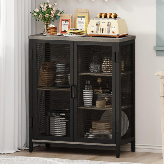 BON AUGURE Small Coffee Bar Cabinet for Liquor, Farmhouse Storage Cabinet with Doors, Wood Sideboard Buffet Cabinets for Home Kitchen, Dining Room, Living Room (Dark Grey Oak)
