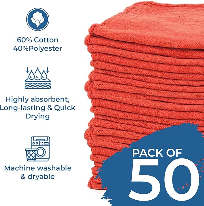 DAN RIVER Shop Towels, 50 Pack Commercial Use Red Terry Cloth Rags - Image 4