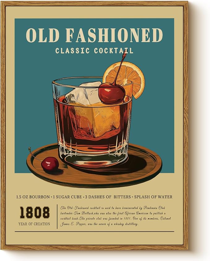 Vintage Old Fashioned Cocktail 12x16 Inch Framed Canvas Wall Art, Retro 1808 by WHASAYART