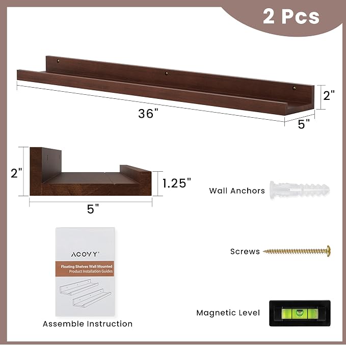Acovy Floating Shelves for Wall, 36 inch Solid Wood Picture Ledge Shelf - Image 3