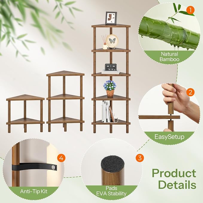HOOBRO Corner Shelf Stand, 5-Tier Bamboo Corner Bookshelf, Plant Display Shelf - Image 8