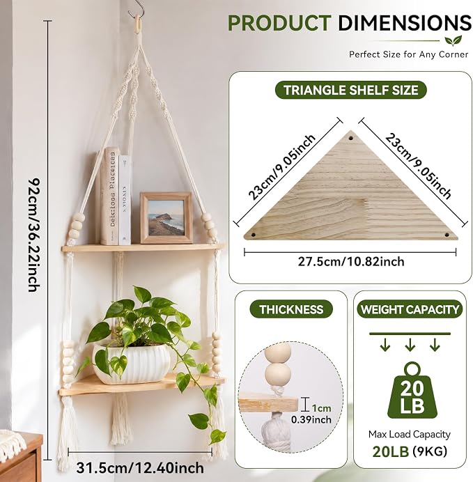 Artilady Macrame Wall Hanging Corner Shelf 2-Tier, Adjustable Boho Stable - Image 5