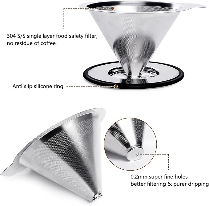 LHS Pour Over Coffee Dripper Reusable Coffee Filter Metal Cone Filter Paperless - Image 2