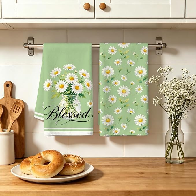 MAYJOYDIY 4 Pcs Daisy Flower Kitchen Towels 26x17.7Inch Green Gingham Check - Image 5