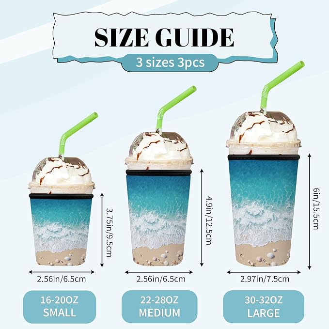 Beach Wave Iced Coffee Cup Sleeve 3 Pack, Ocean Reusable Neoprene Holder - Image 3