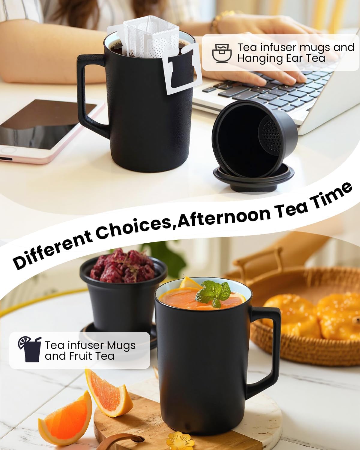 15 OZ Porcelain Tea Infuser Cup with Lid,Ceramic Tea Mug with All-Porcelain Strainers for Loose Leaf Teas,Microwave and Dishwasher Safe Coffee Mug,Metal-Free,BPA-Free,Gifts for Tea-Lover (Black)