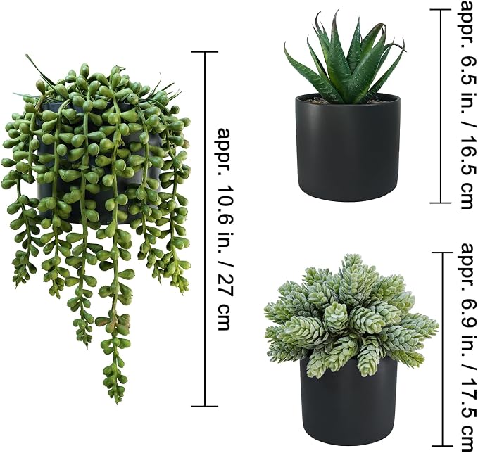 Winlyn Set of 3 Small Artificial Potted Succulent Plants Faux Aloe Hops String - Image 2
