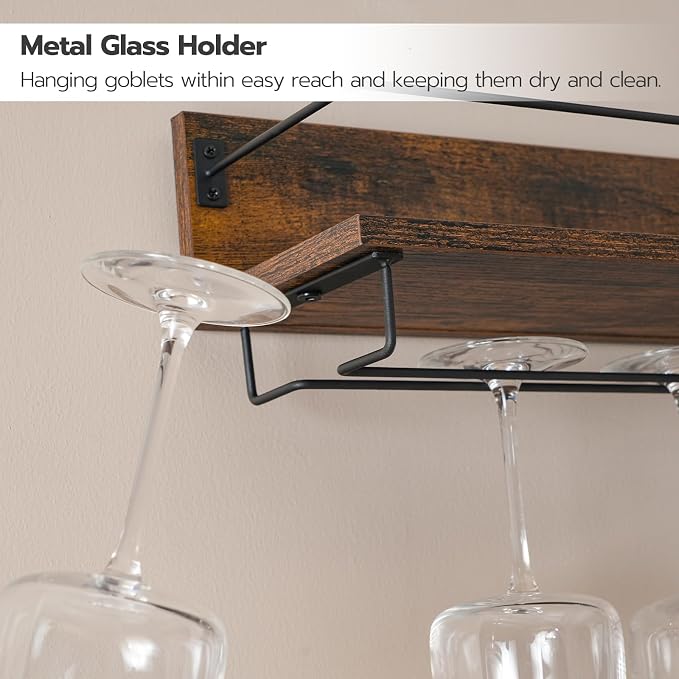 HOOBRO Wall Mounted Wine Rack 2 Pack, Hanging Wine Shelves, Wine Glass Bottle - Image 6