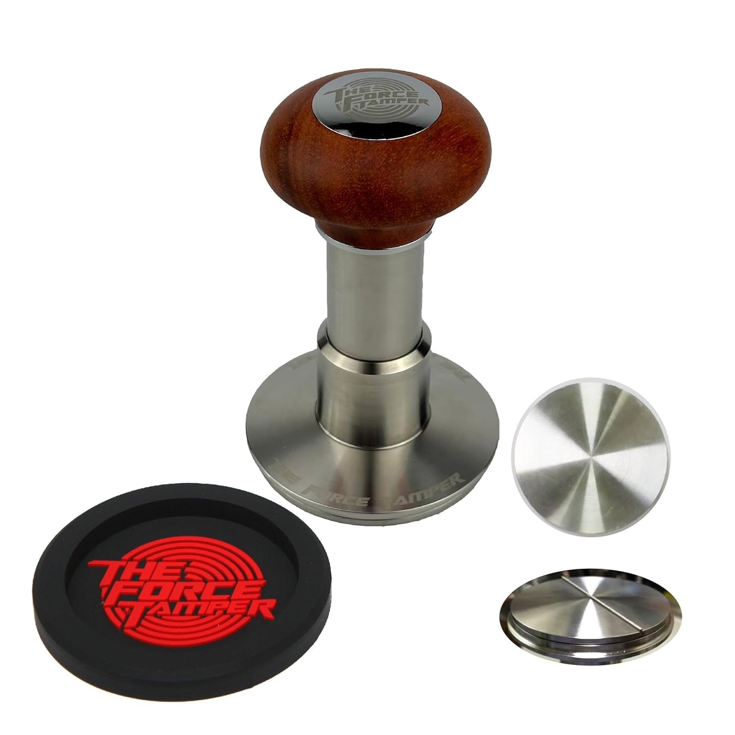 The Force Tamper Automatic Impact Adjustable Constant Pressure and Autoleveling Coffee Tamper Reddish Brown Jellyfish Wooden Handle Set Pro (Flat-Distribute Set, 58.35mm)