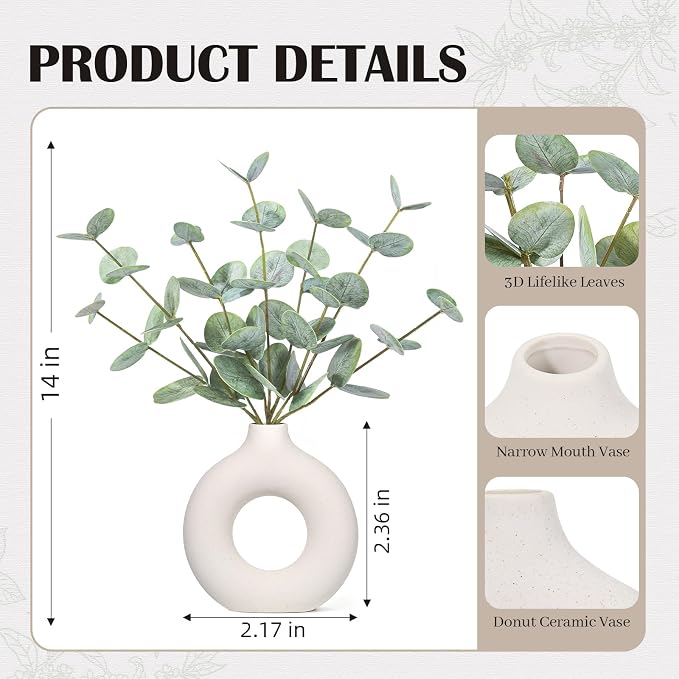 FIACO Artificial Eucalyptus Stems in Ceramic Vase, Coffee Table Centerpiece - Image 3