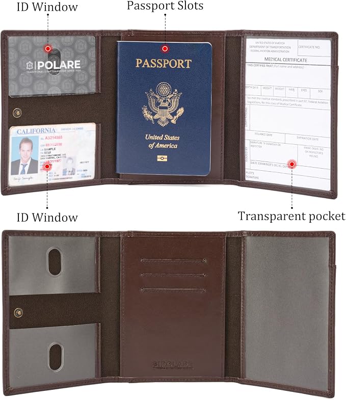 Polare Napa Leather Pilot Wallet Passport Holder RFID Blocking Tri-fold Travel - Image 6