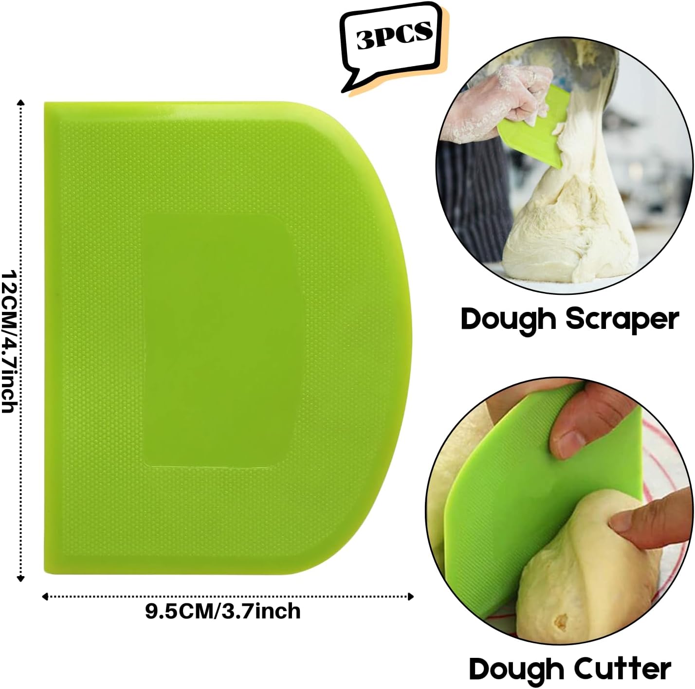 SURDOCA Dough Scraper Bench Scraper - 3P 4.7x3.7" Plastic Flexible Bowl Scraper, Sharp Edge & Angles Cake Scraper. Non-Slip Bakeware Decorating Tools Sculpting & Modeling Tools - Pure Green