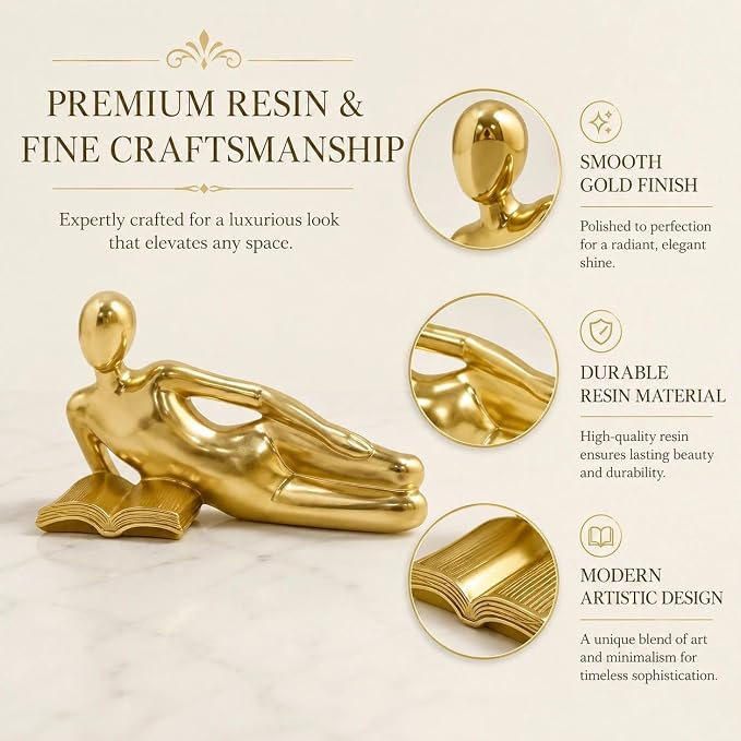 Gold Reading Statue Style D, Abstract Reader Figurine, Resin Book Decor - Image 4