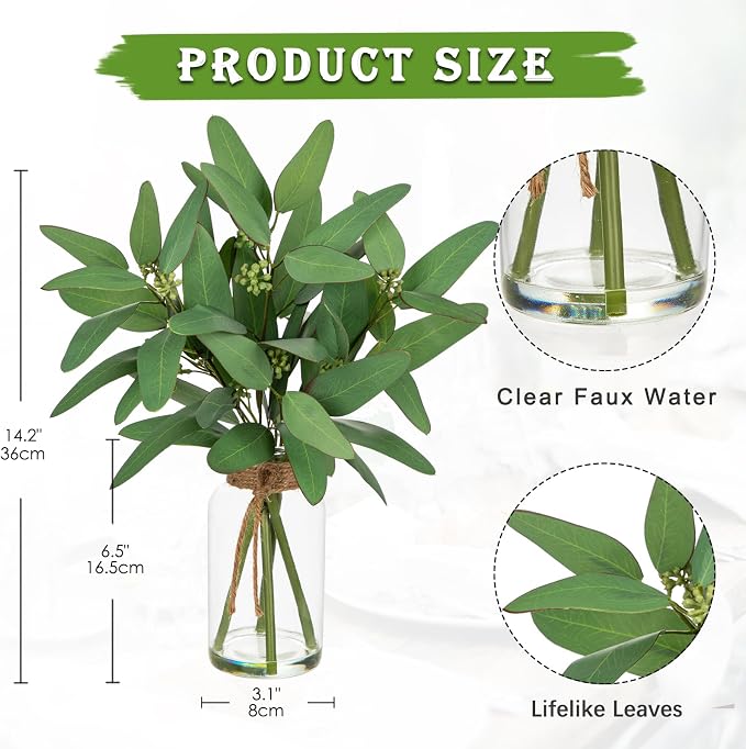 Briful Artificial Eucalyptus Stems in Clear Glass Vase - Image 2