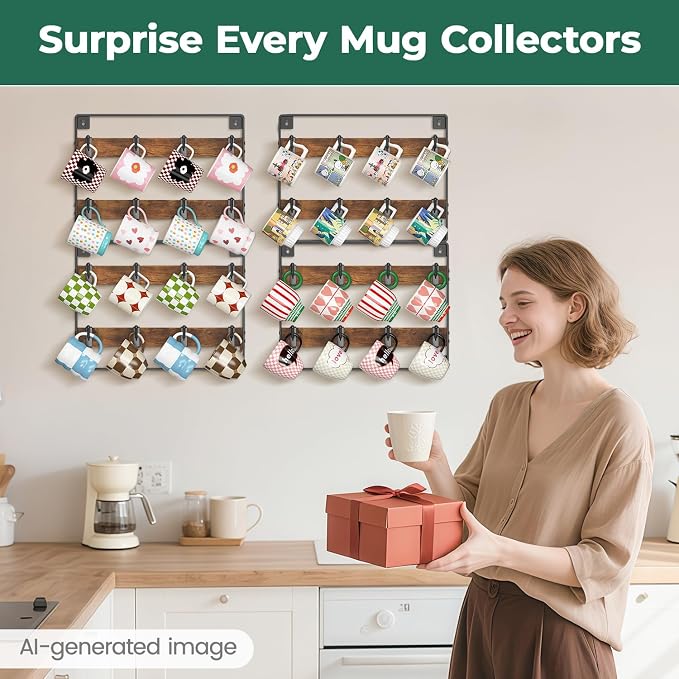 EsLuker.ly Mug Holder Hanger Rack Wall Mounted Wooden 4 Pack Coffee Cup Storage - Image 7