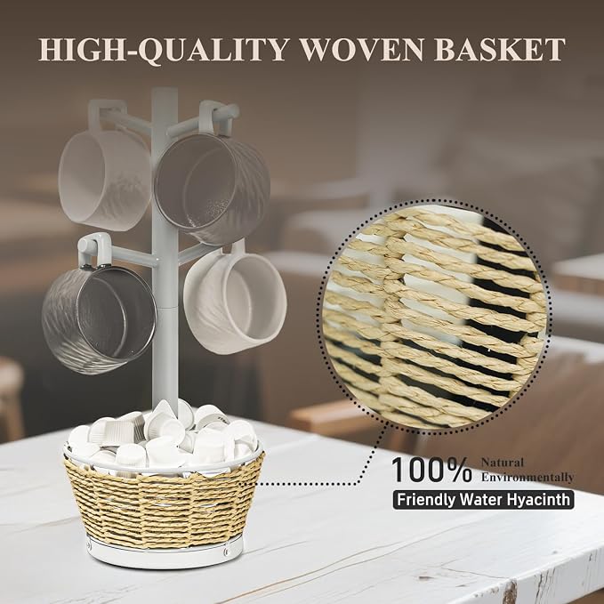 Wood Mug Holder Tree with Woven Basket, 4 Hooks Coffee Mug Holder, Countertop - Image 4
