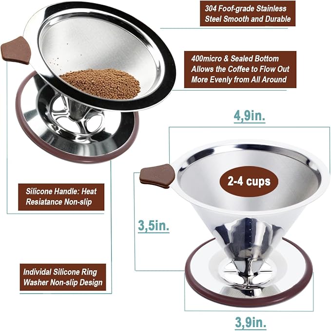 Pour Over Coffee Dripper, Stainless Steel Coffee Filter, Paperless Reusable - Image 3