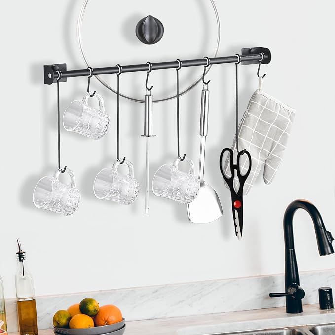 Coffee Mug Rack Wall Mounted Modern Hanging Tea Cup Holder Metal 15.7 Inch Rail - Image 3