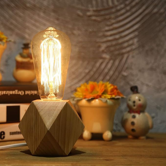 Small Wood Table Lamp Edison Bulb Dimmable Desk Lamp E26 60W Industrial Night - Image 2