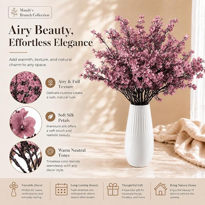 Mandy's 6 Bundles Artificial Dusty Pink Baby’s Breath Flowers | 18.5 Inch Silk - Image 2