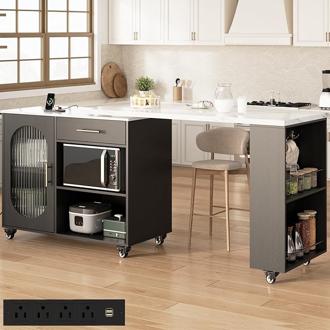HSH Kitchen Island with 360° Swivel Table & Power Outlet, Rolling Kitchen by HOMESWEETHOME