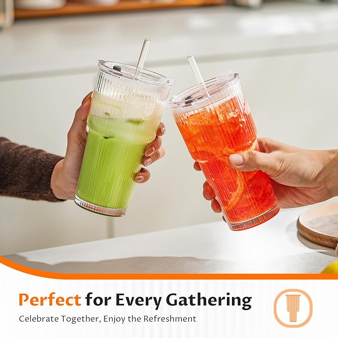 20oz Glass Tumblers with Straws and Lids 6 Pack, Ribbed Glass Cups, Leak - Image 6