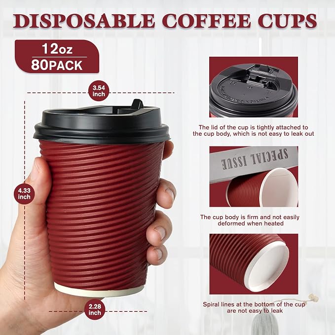 LITOPAK 80 Pack Insulated Ripple Wall 12 oz Disposable Paper Cups, Three Layer - Image 2