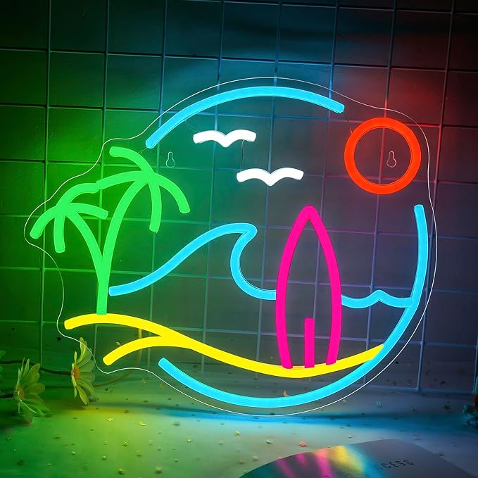 Wave Palm Tree Neon Sign for Wall Decor, Dimmable Tropical Sign Surfbord Sunset by Lurevia