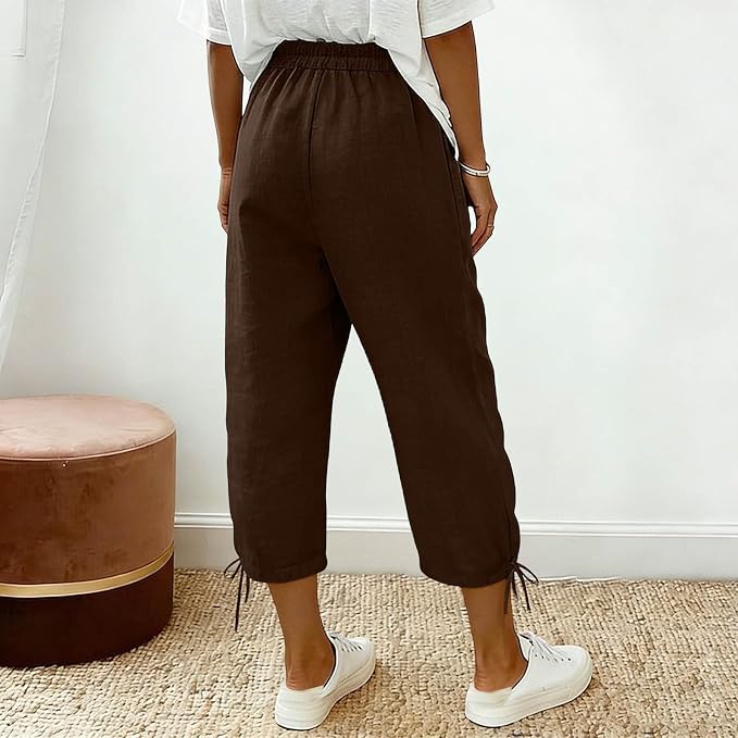 Linen Capri Pants for Women Drawstring Elastic Wide Leg Trouser 2026 Summer - Image 3