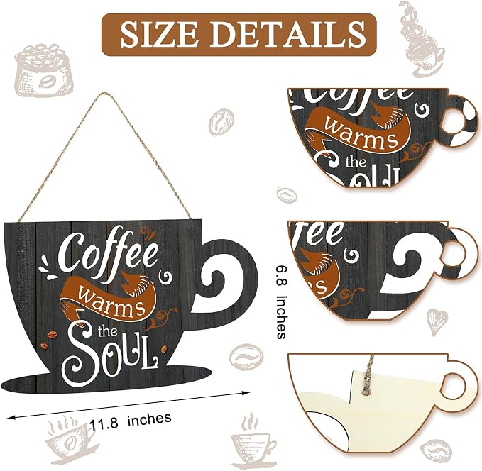 Jetec Wooden Coffee Bar Signs for Wall 11.8 x 6.8 Inches Hanging Sign Rustic - Image 2