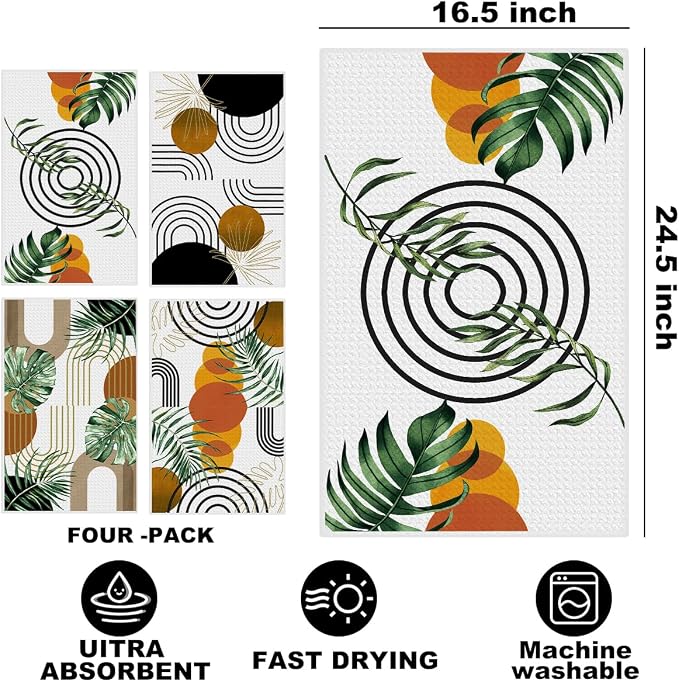 4 Pcs Boho Kitchen Towels, Abstract Tropical Tea Hand Towel, Microfiber Dish - Image 2
