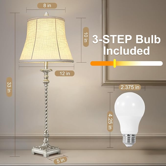 Candle Stick Buffet Table Lamp Set of 2, 3-Way Dimmable Bulb Included, Country - Image 4