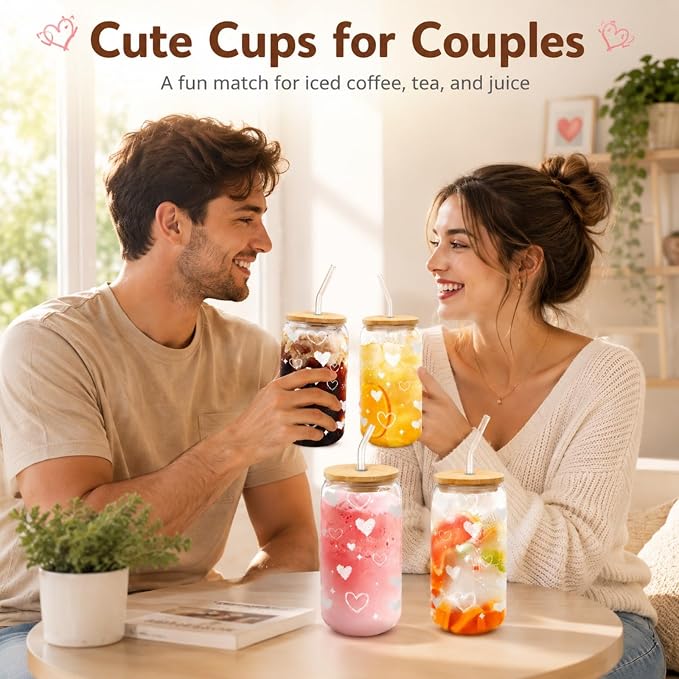 Glass Cups with Lids and Straws with Heart Design, 4 Pack 16 oz Cute Glass Iced - Image 5