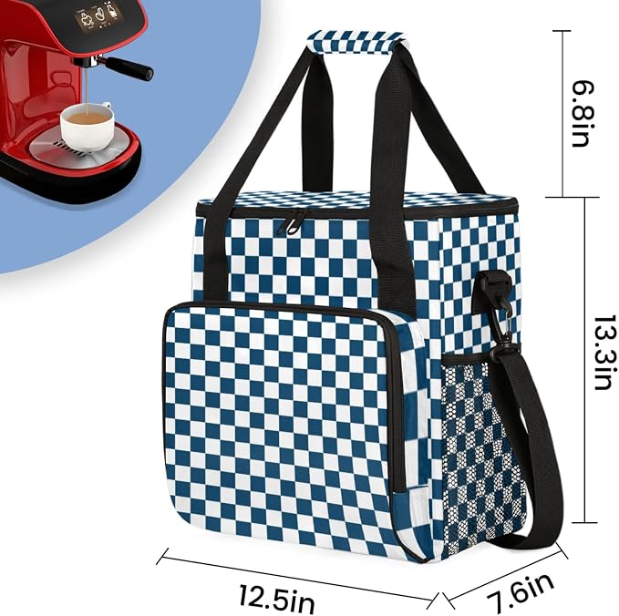Checkerboard navy blue Coffee Maker Carrying Bag, Waterproof Insulated - Image 2