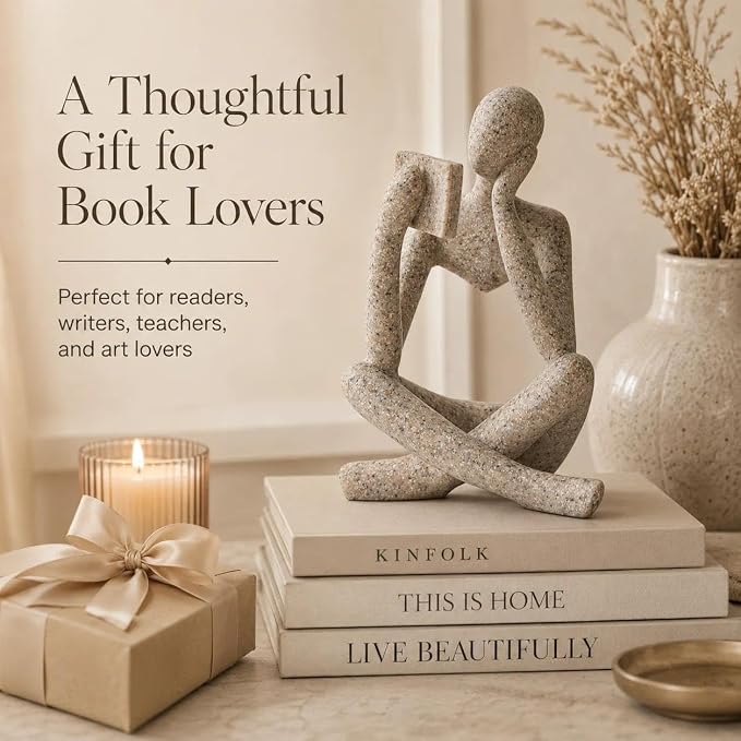 Bookshelf Decor Thinker Statue, Sand Abstract Reading Figurine, Resin - Image 6