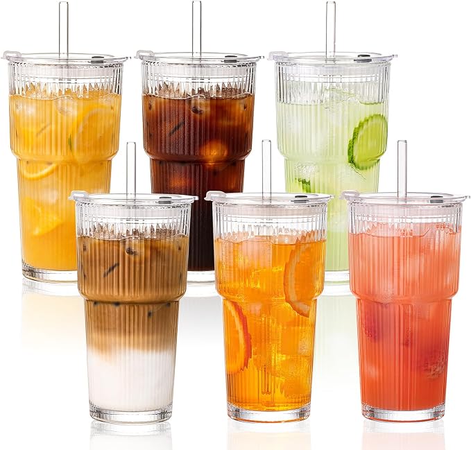 GOSCHE 20oz Glass Cups with Lids and Straws, Reusable Iced Coffee Cups by GOSCHE