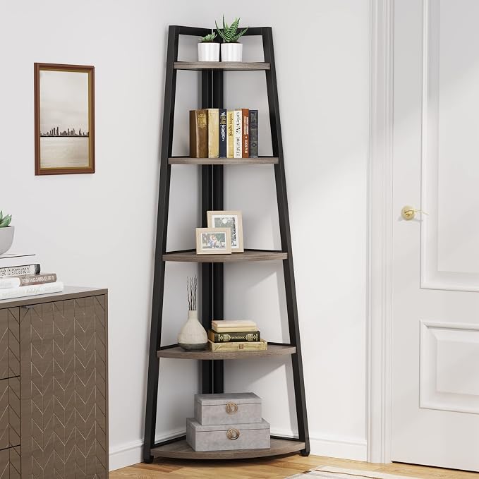 Tribesigns 70 inch Tall Corner Shelf, 5 Tier Industrial Corner Bookshelf - Image 3