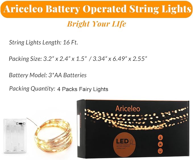 Ariceleo Led Fairy Lights Battery Operated, 4 Packs Mini Battery Powered Copper - Image 4