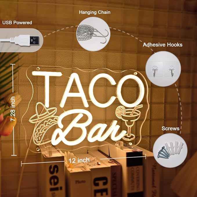 Britrio Taco Bar Neon Sign Tacos Theme Birthday Wedding Party Decor Backdrop - Image 6
