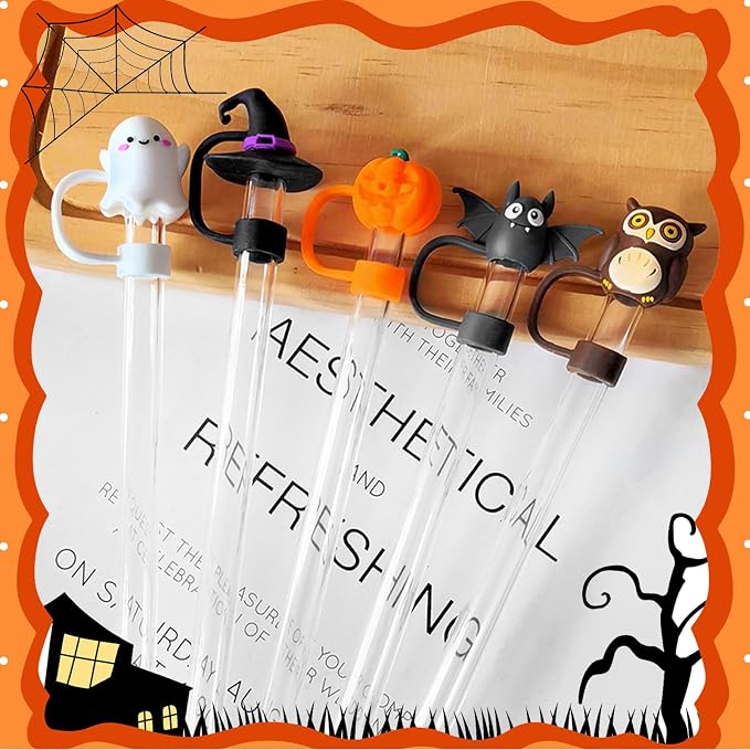 5PCS Halloween Straw Cover Cap for Stanley Cup，10mm Reusable Pumpkin Silicone - Image 3