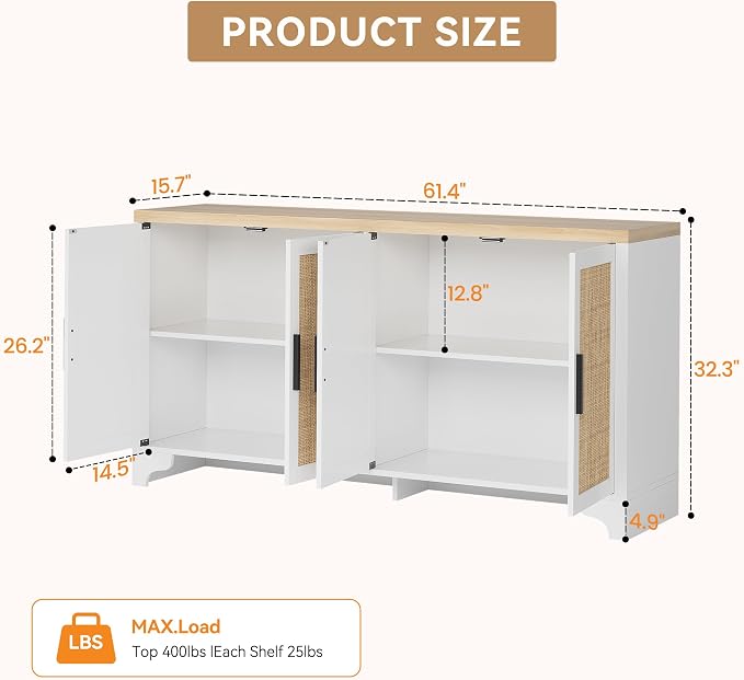 GarveeHome 4-Door Sideboard Buffet Cabinet, Natural Rattan Storage Cabinet - Image 2